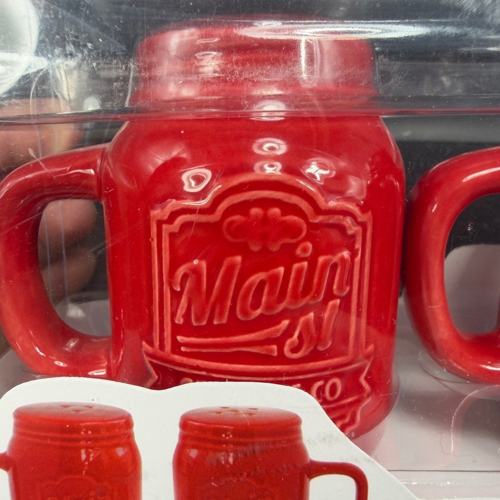American Atelier Main St Ceramic Co Red Mason Jar Mug Salt and Pepper Shaker Set - Picture 6 of 11